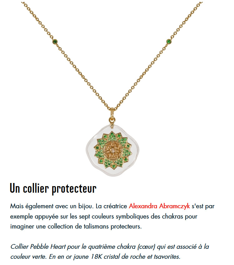Vanity Fair - Shopping : Six façons d'ouvrir ses chakras avec style - Paragraphe sur Alexandra Abramczyk et son collier protecteur "Pebble du Coeur"