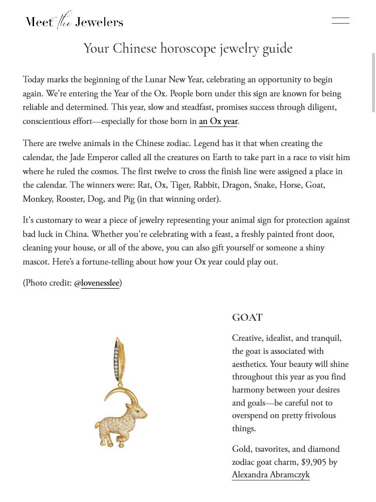 "What Will The Ox Year Bring You?" a publication on "Meet the jewellers" website