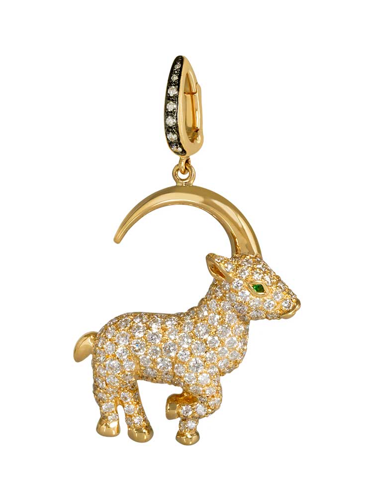 Gold, tsavorites, and diamond zodiac goat charm by Alexandra Abramczyk