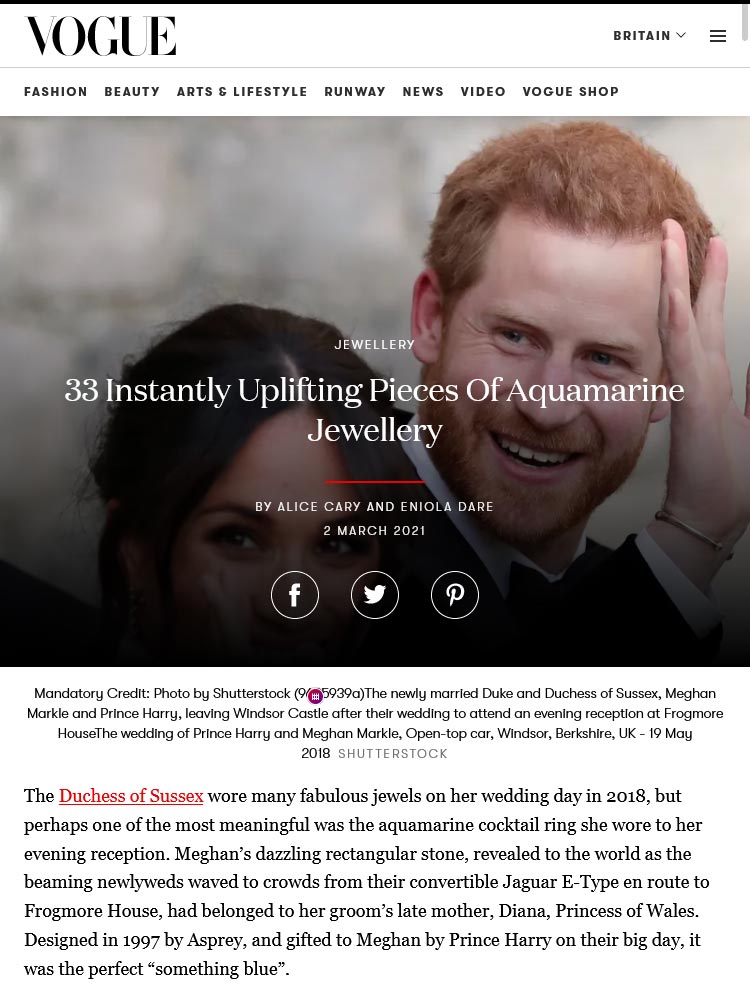 "33 Instantly Uplifting Pieces Of Aquamarine Jewellery": cover of a publication on Vogue's website
