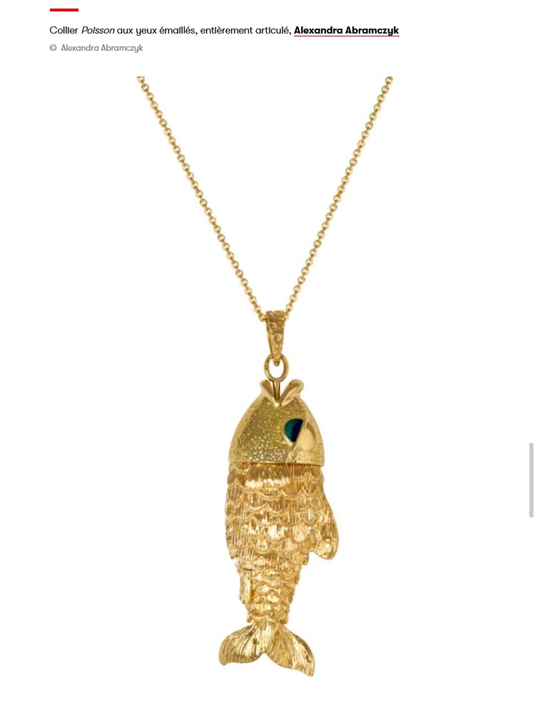 Fish necklace with enamelled eyes, fully articulated, Alexandra Abramczyk