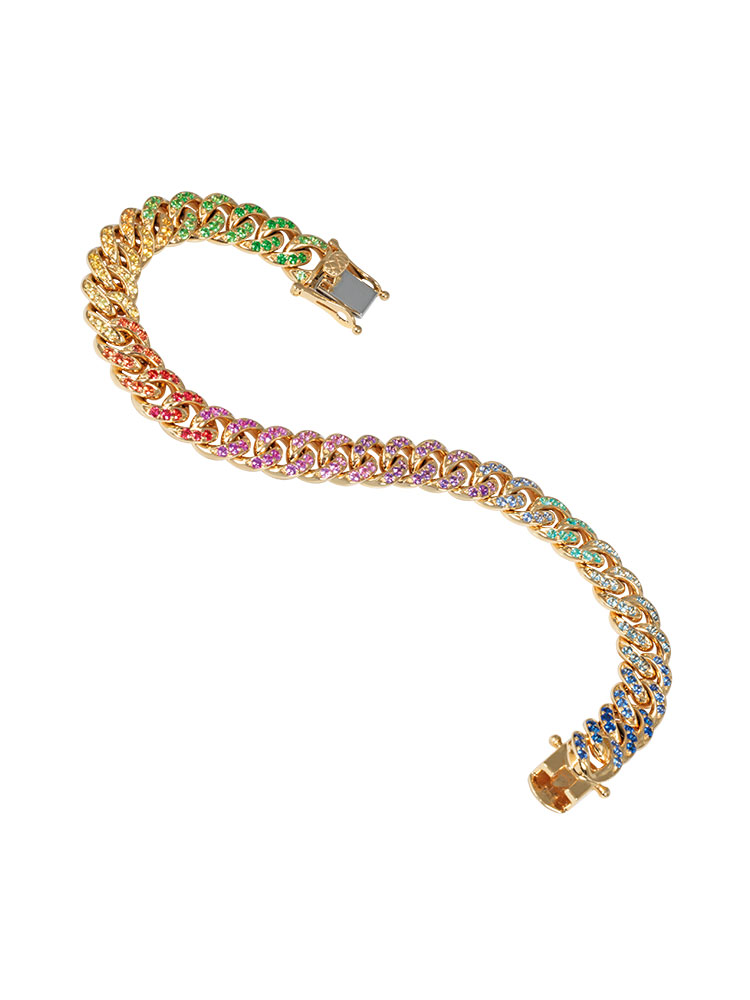 Bracelet chaîne souple en jaune 18 carats serti de saphirs multicolores, de tsavorites, de topazes bleues, d'améthystes et de tourmalines paraiba.