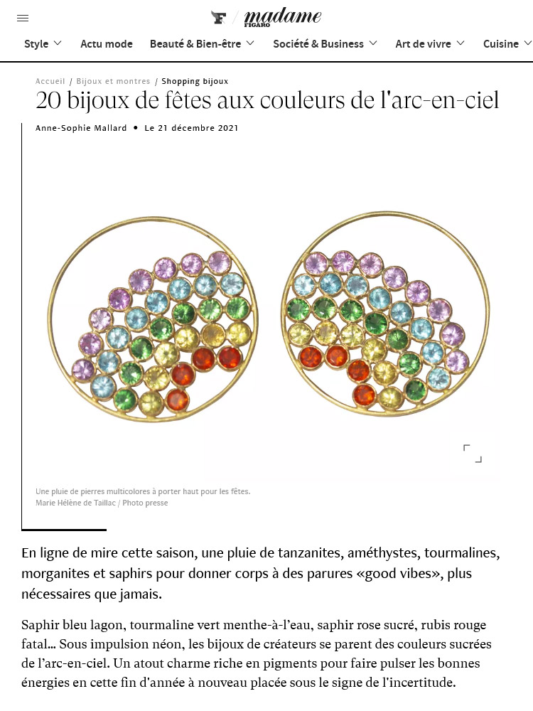Edito de la publication "20 bijoux de fêtes aux couleurs de l'arc-en-ciel" par Anne-Sophie Mallard sur Madame.LeFigaro.fr