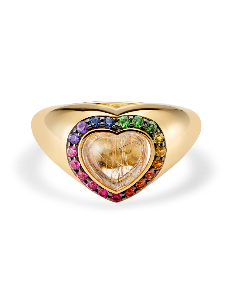 Rutiled quartz loving signet ring decorated with rutilated quartz, multicolored sapphires, rubies and tsavorites on yellow gold