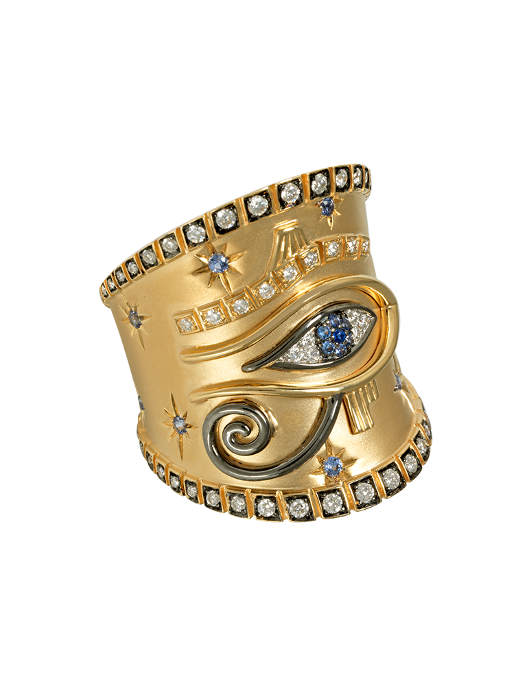 Horus eye ring by Alexandra Rosier : ring set with blue sapphires and diamonds on yellow gold