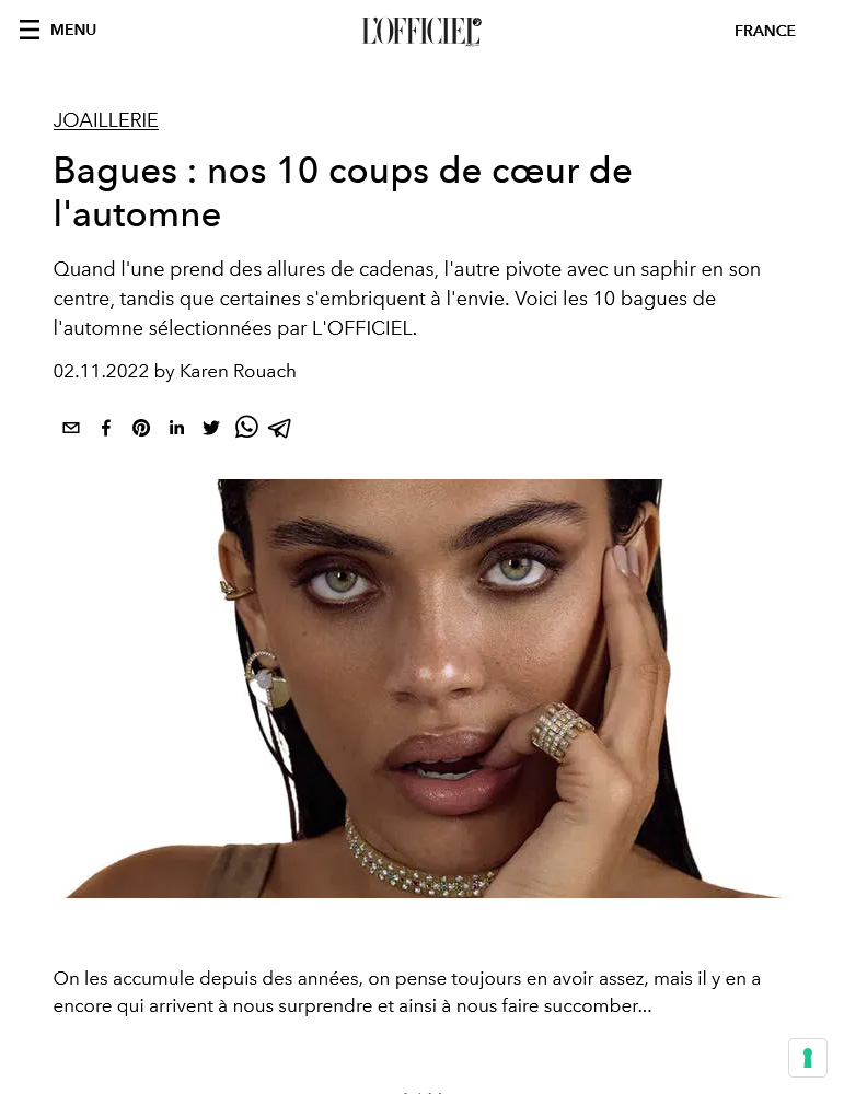 Front page of the article "Rings: our 10 favorites of the fall" on l'Officiel.com 