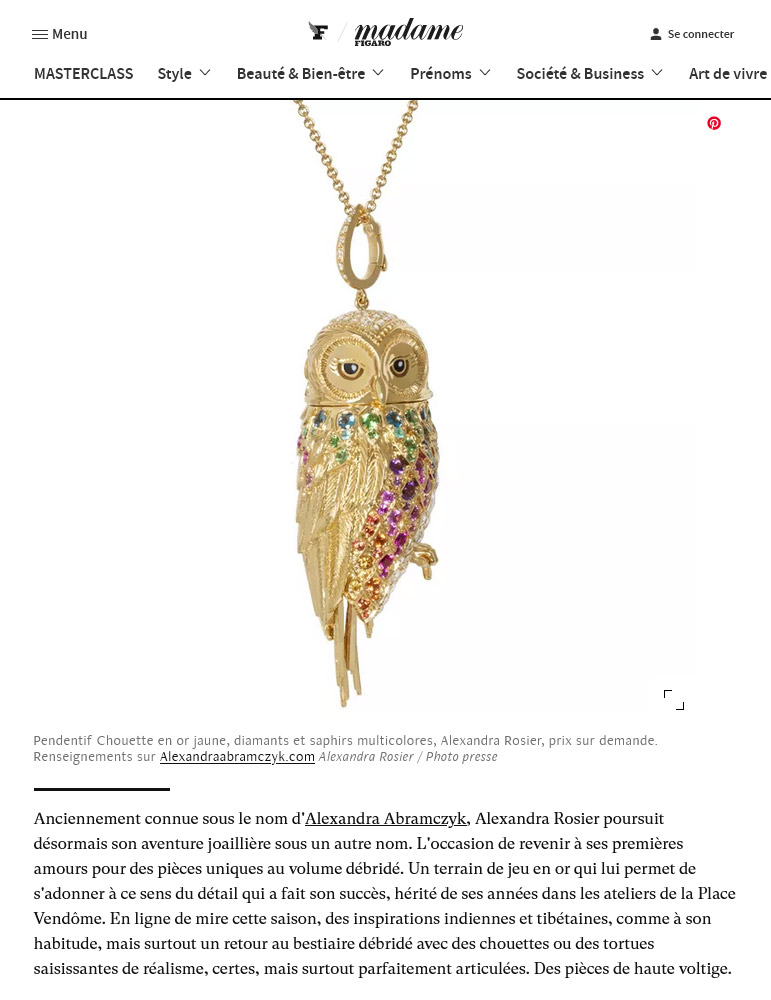 Presentation of Alexandra Rosier and her creation "Rainbow Owl pendent" on Madame.LeFigaro.fr