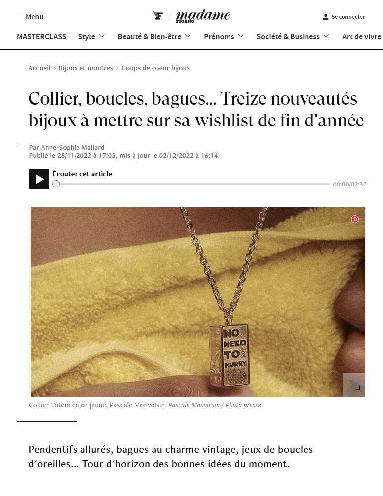 "Necklace, earrings, rings... Thirteen new jewels to put on your year-end wishlist" on Madame.LeFigaro.fr