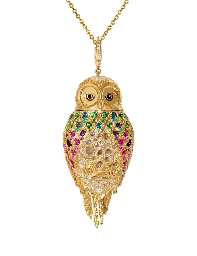 Rainbow Owl Pendant by Alexandra Rosier