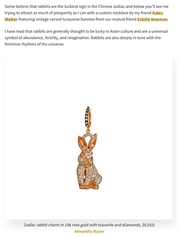 Alexandra Rosier's Zodiac Rabbit Charm in rose gold, tsavorites and diamonds selected by Amy Elliott
