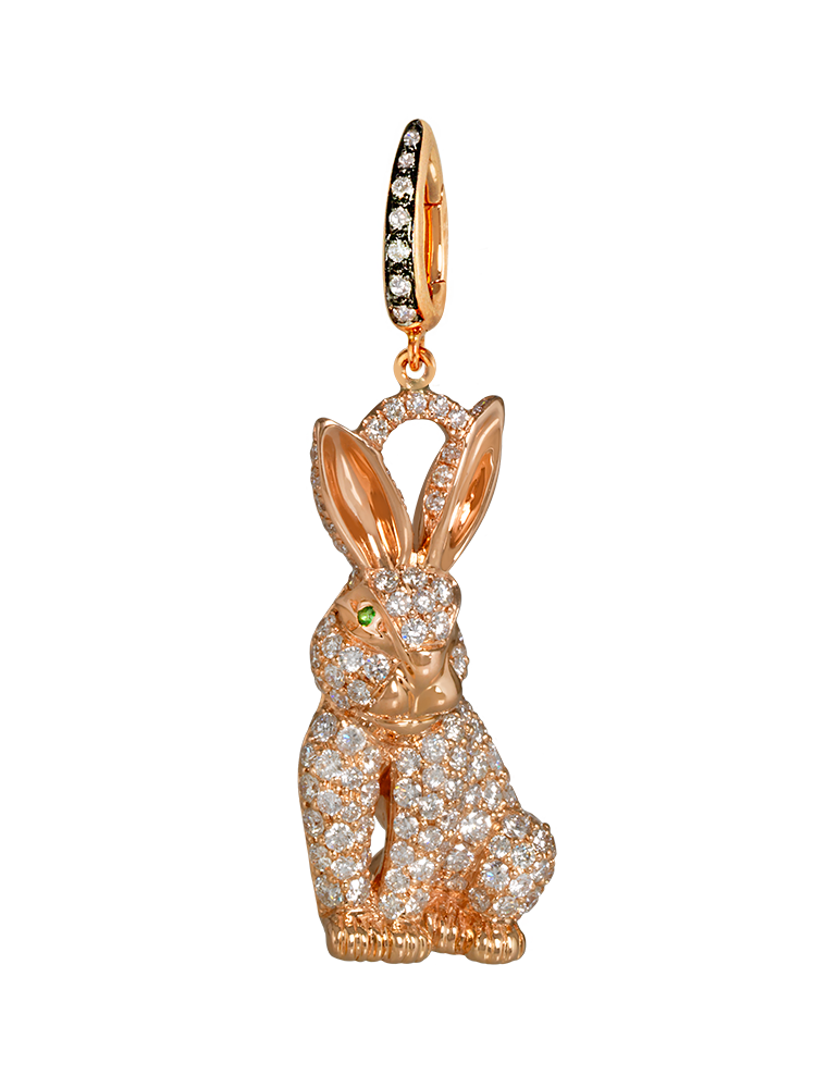 Zodiac rabbit charm in 18k rose gold with tsavorite and diamonds - Alexandra Rosier