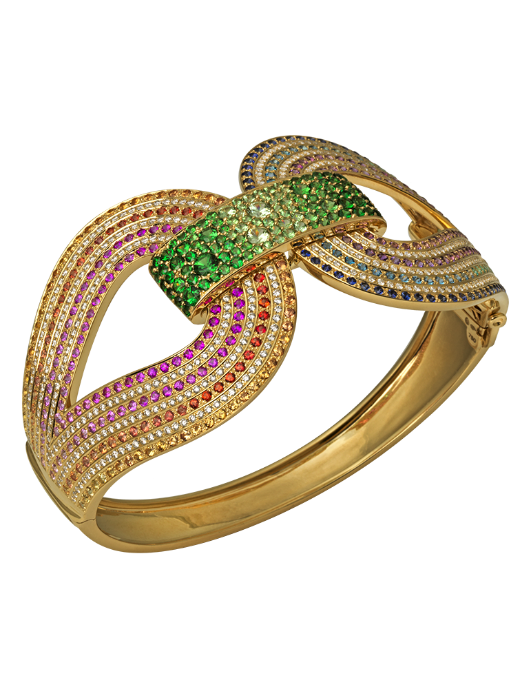 Manchette d'union : bracelet en or jaune composé de saphirs multicolores, de tsavorites, d'améthystes, de topazes bleues, de paraíbas et de diamants