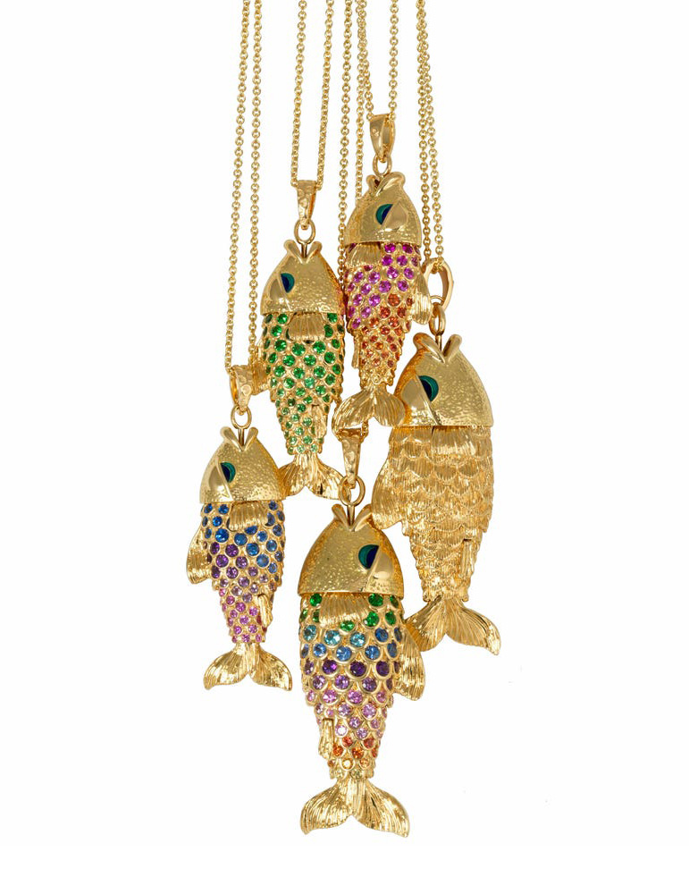Alexandra Rosier Fish pendants in multi-color sapphires, topaz, amethyst, tsvasorites with enameling